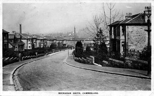 Buchanan Drive Circa 1900, Centre horizon shows chimneys and smoke of Tollcross Iron Works, Post Card dated 1915 - Produced for J Carrick & Son, Stationers & Hardware Merchants, Glasgow Road, Cambuslang